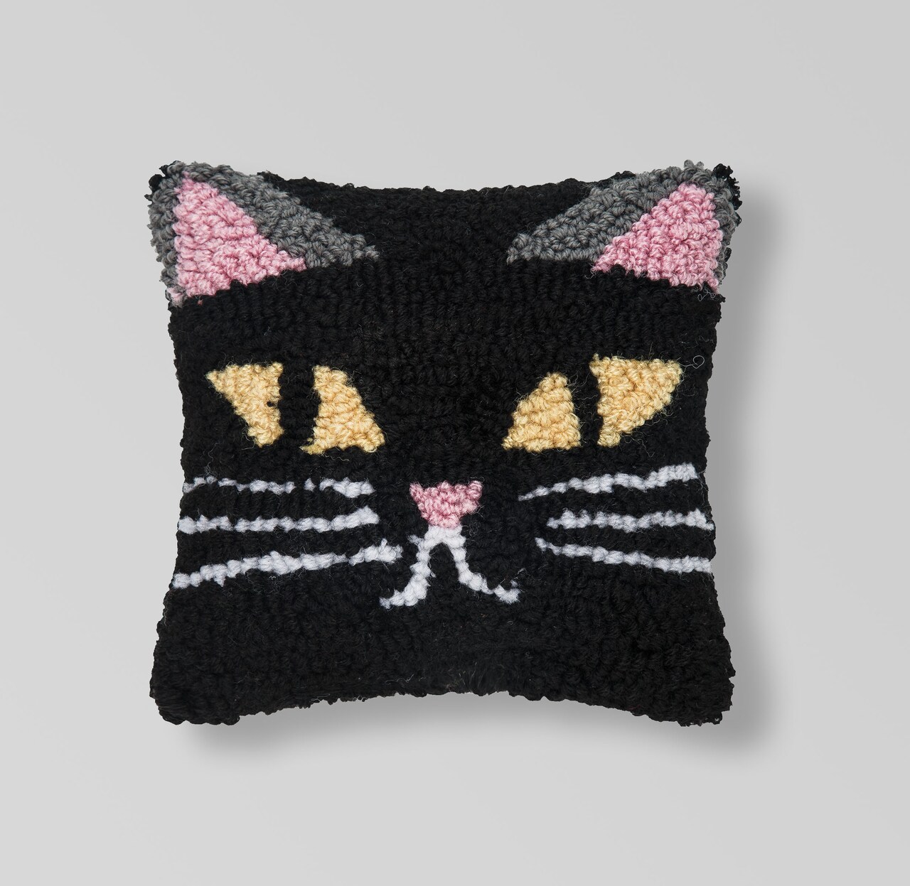 Black Cat Small Petite Hooked Halloween Accent Pillow, 8" x 8"
